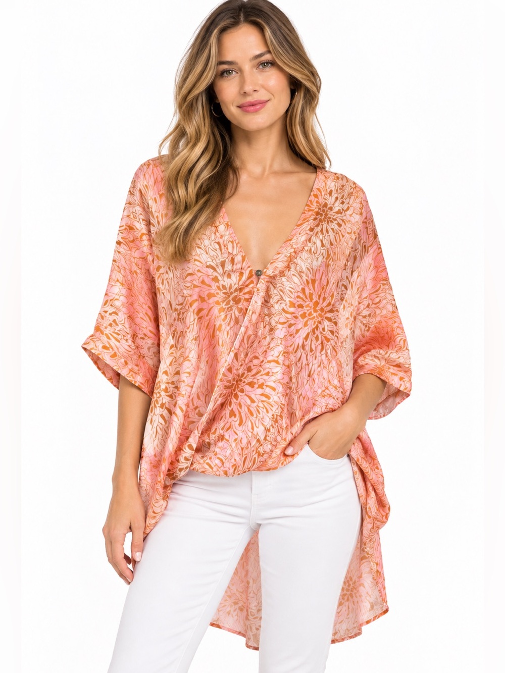 Floreat Anthropologie Silk Blend Printed High-Low Tunic Top Size Small
